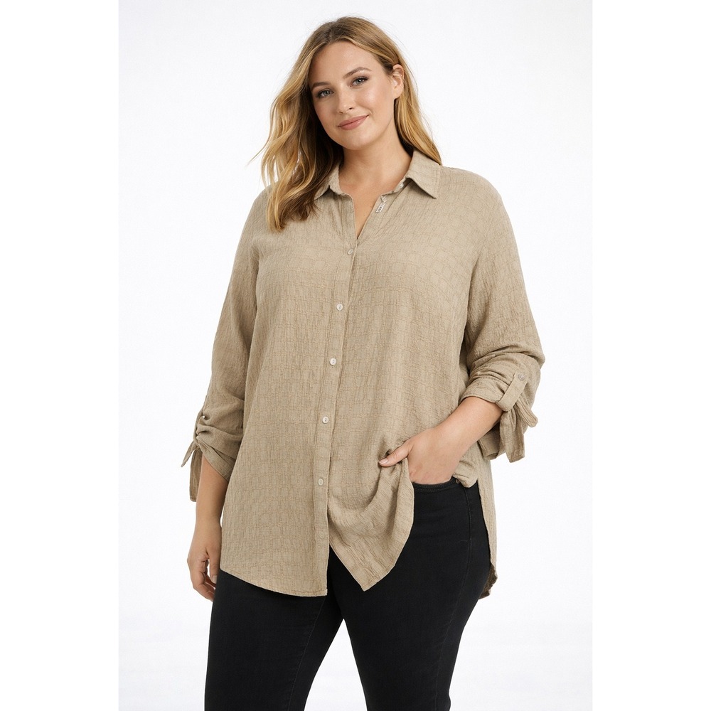 Chenault Shirt Womens‎ Sz 2X Beige Button Front Textured Tie Sleeve *NWT*